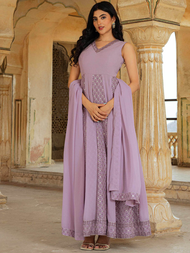 Classy Lavender Lucknowi Work Georgette Festive Wear Gown With Dupatta