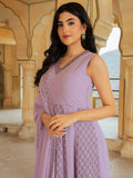 Classy Lavender Lucknowi Work Georgette Festive Wear Gown With Dupatta