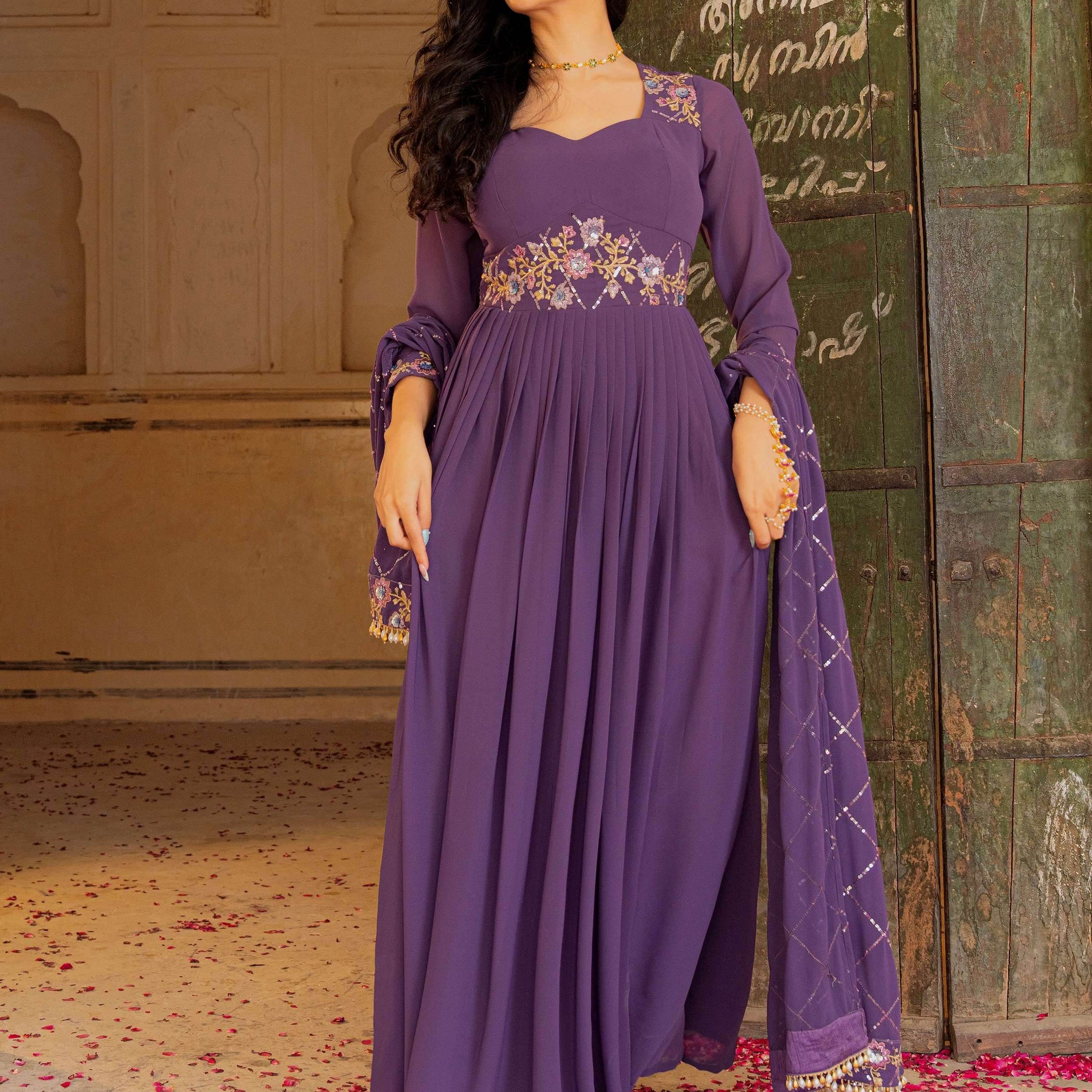 Sensational Purple Georgette Wedding Wear Gown With Sequins Embroidery Dupatta