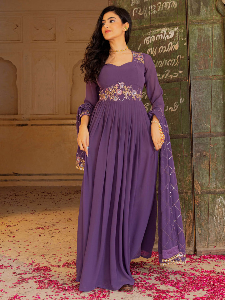 Sensational Purple Georgette Wedding Wear Gown With Sequins Embroidery Dupatta