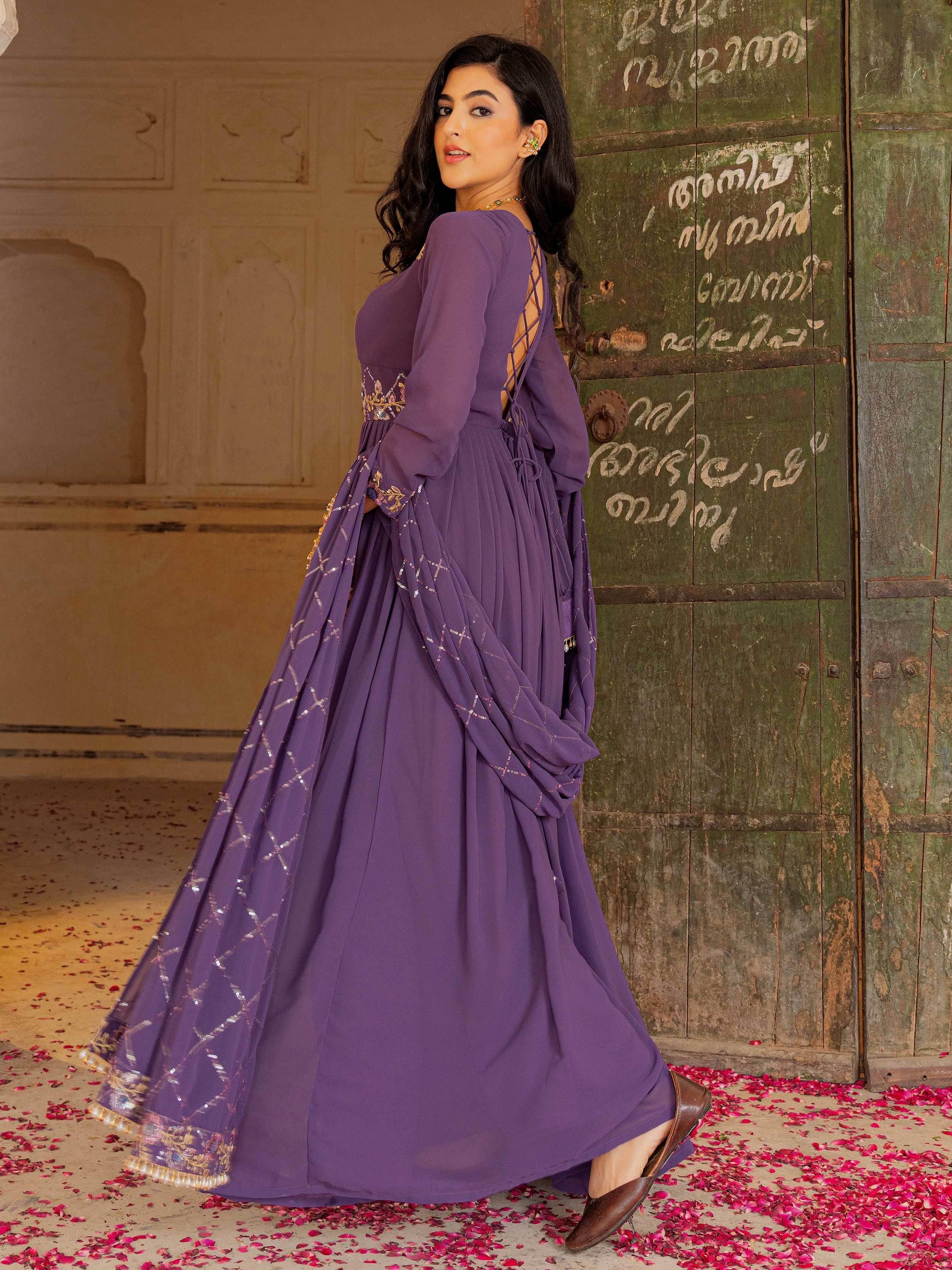 Sensational Purple Georgette Wedding Wear Gown With Sequins Embroidery Dupatta