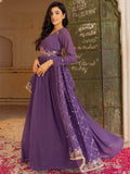 Sensational Purple Georgette Wedding Wear Gown With Sequins Embroidery Dupatta