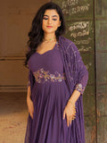 Sensational Purple Georgette Wedding Wear Gown With Sequins Embroidery Dupatta