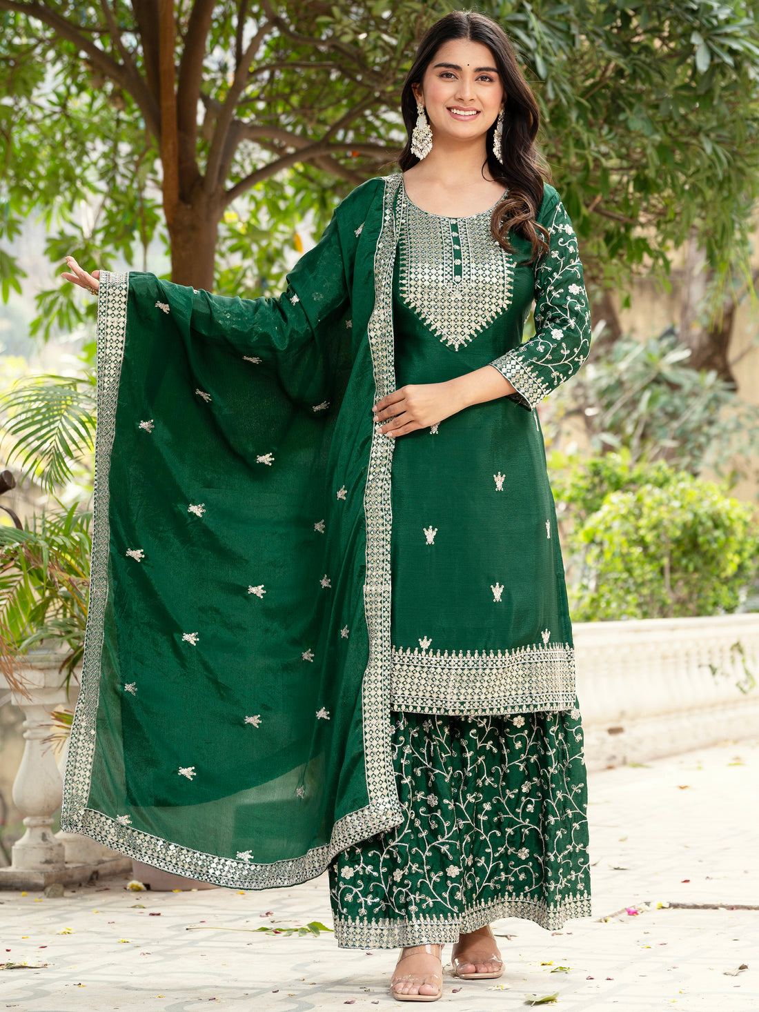 Awesome Green Sequins Chinon Traditional Sharara Suit With Dupatta