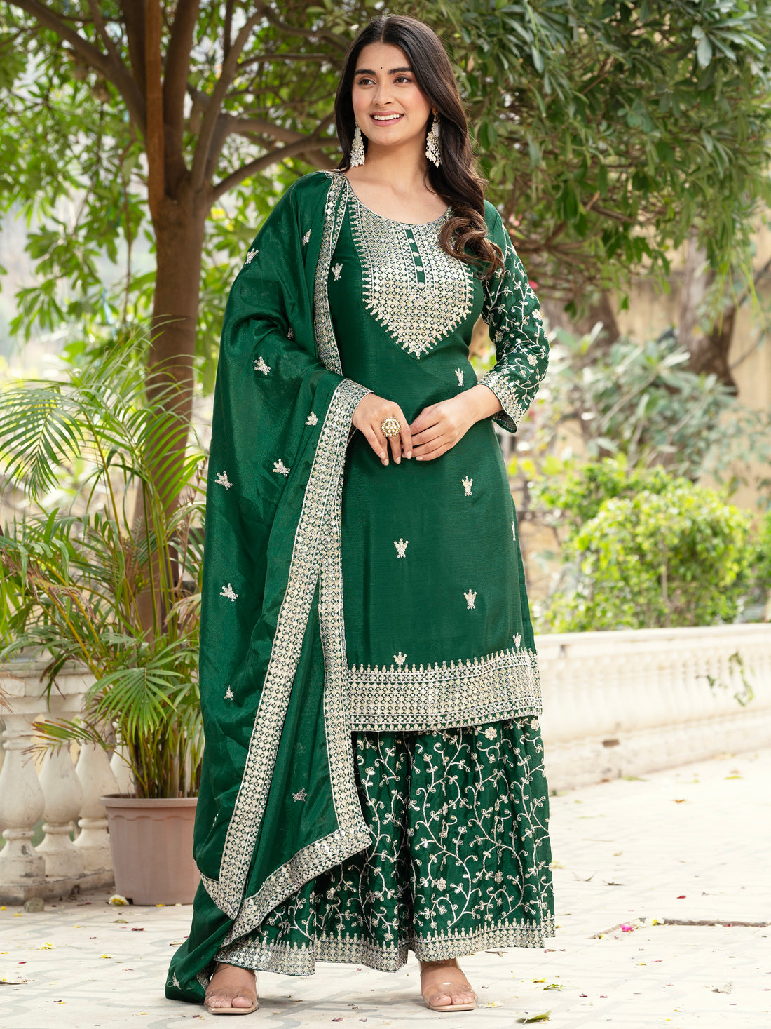 Awesome Green Sequins Chinon Traditional Sharara Suit With Dupatta