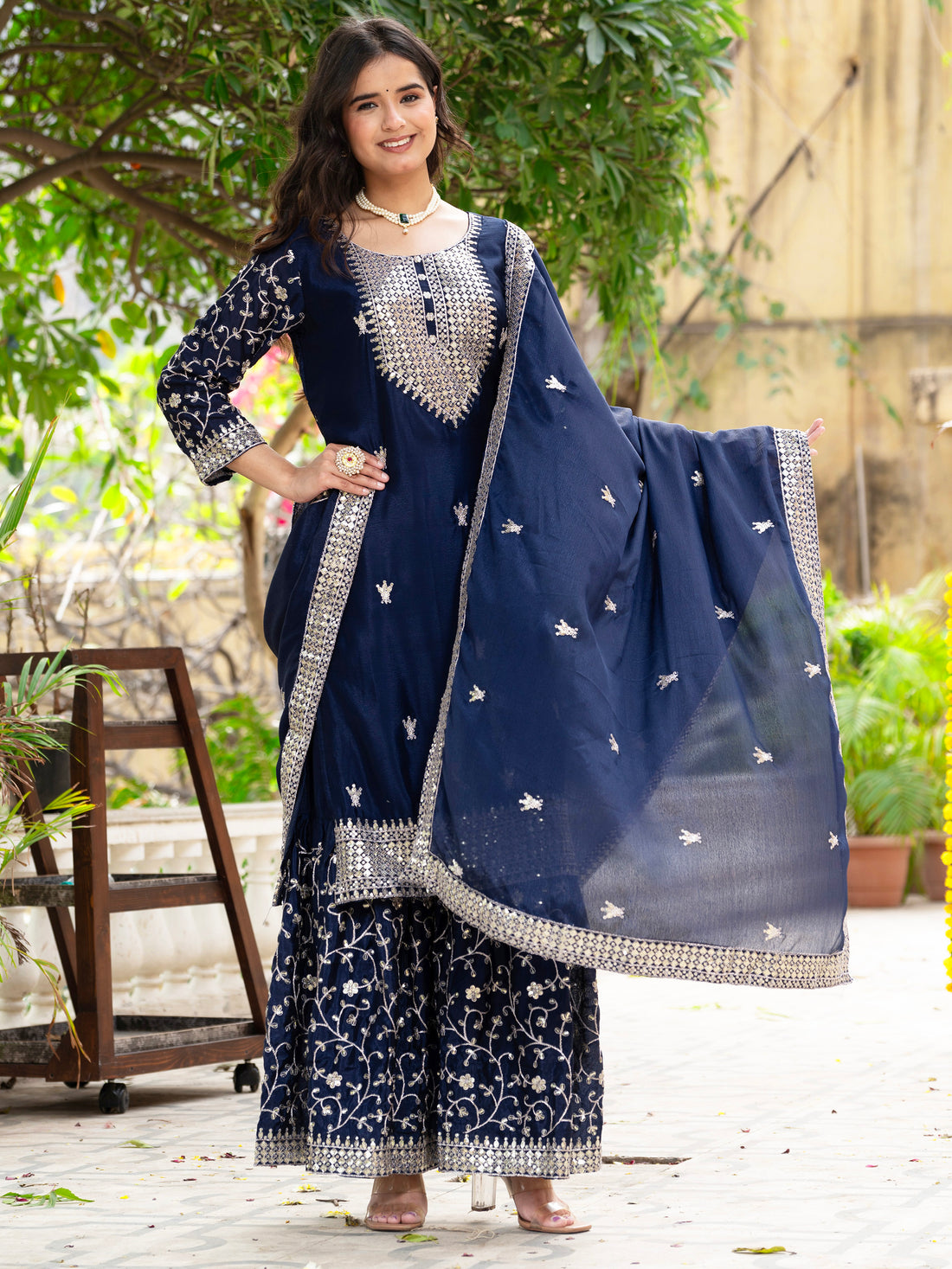 Alluring Navy Blue Sequins Chinon Reception Wear Sharara Suit