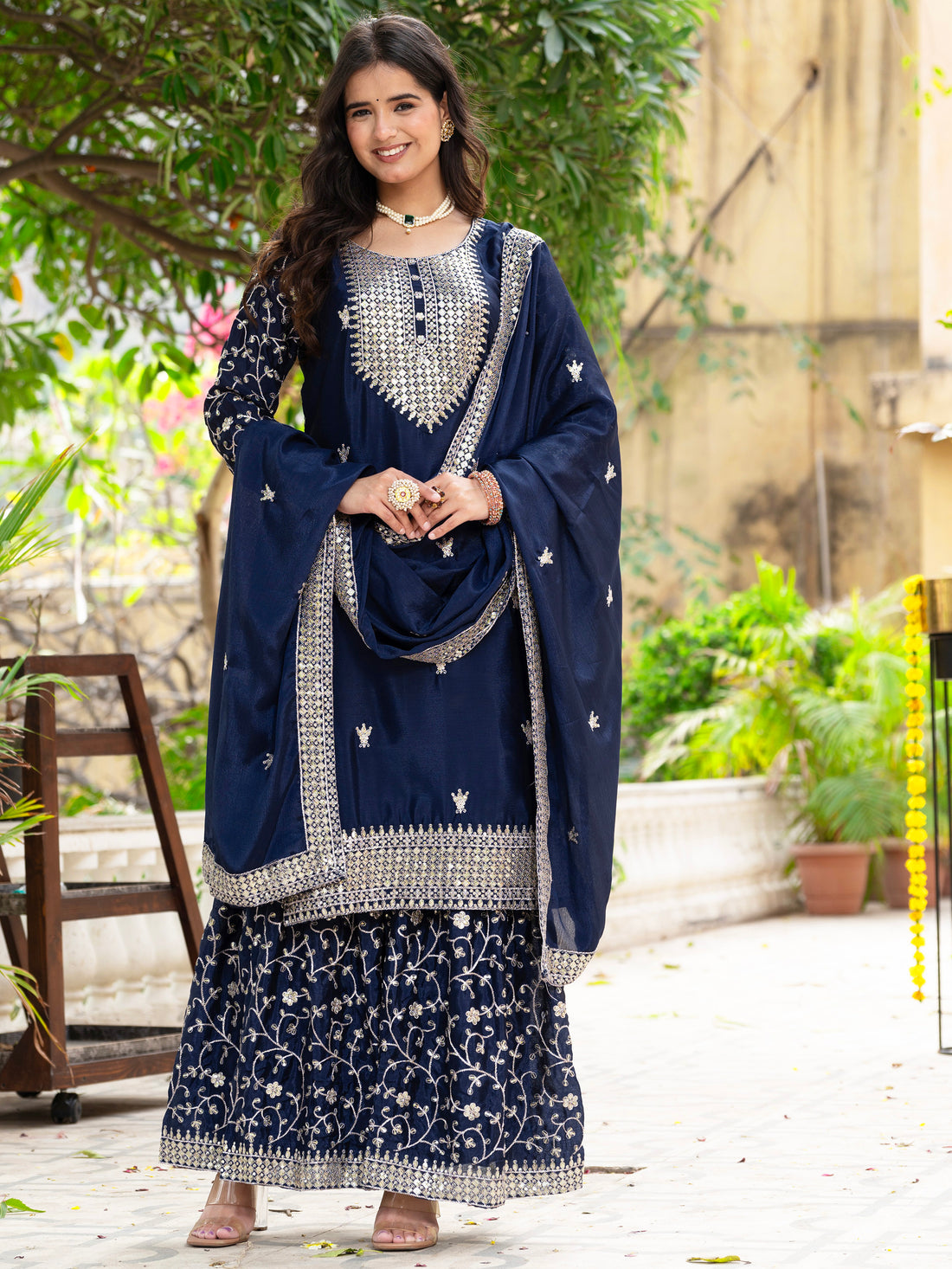 Alluring Navy Blue Sequins Chinon Reception Wear Sharara Suit