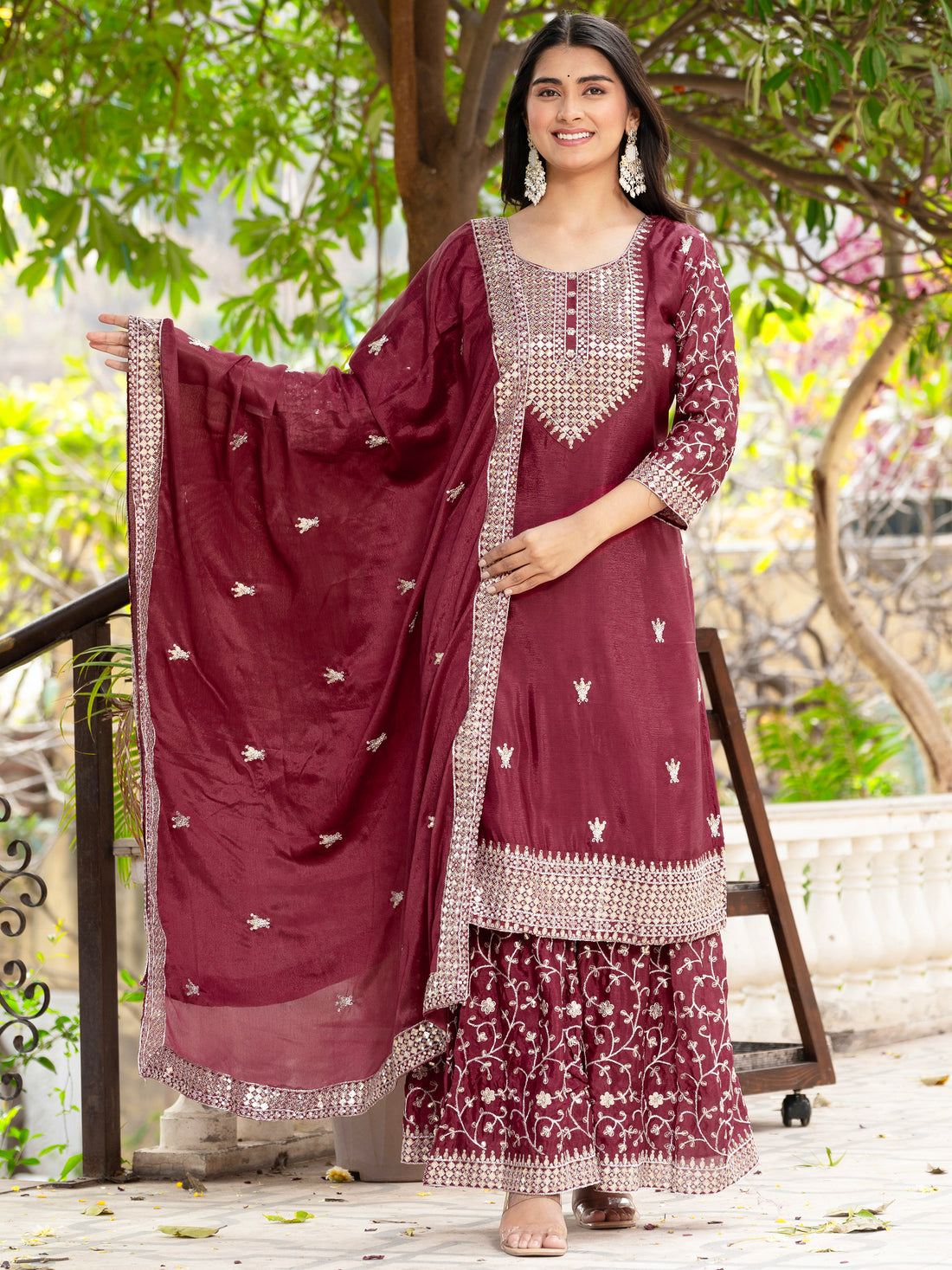 Lovely Maroon Sequins Chinon Festival Wear Sharara Suit With Dupatta