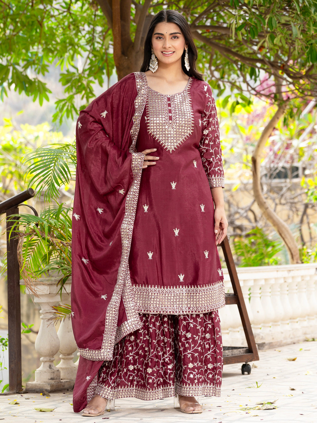 Lovely Maroon Sequins Chinon Festival Wear Sharara Suit With Dupatta