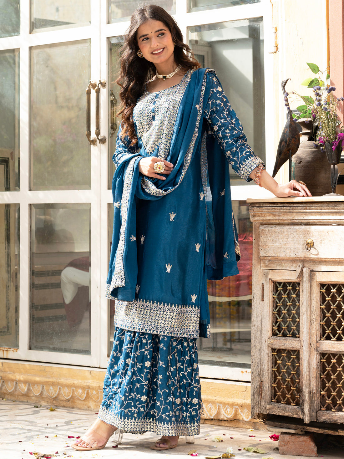 Beautiful Teal Blue Sequins Chinon Event Wear Sharara Suit With Dupatta