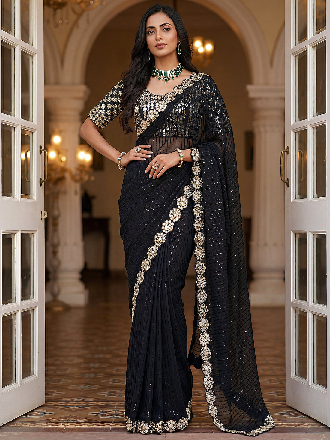 Ravishing Black Sequins Georgette Reception Wear Saree With Blouse