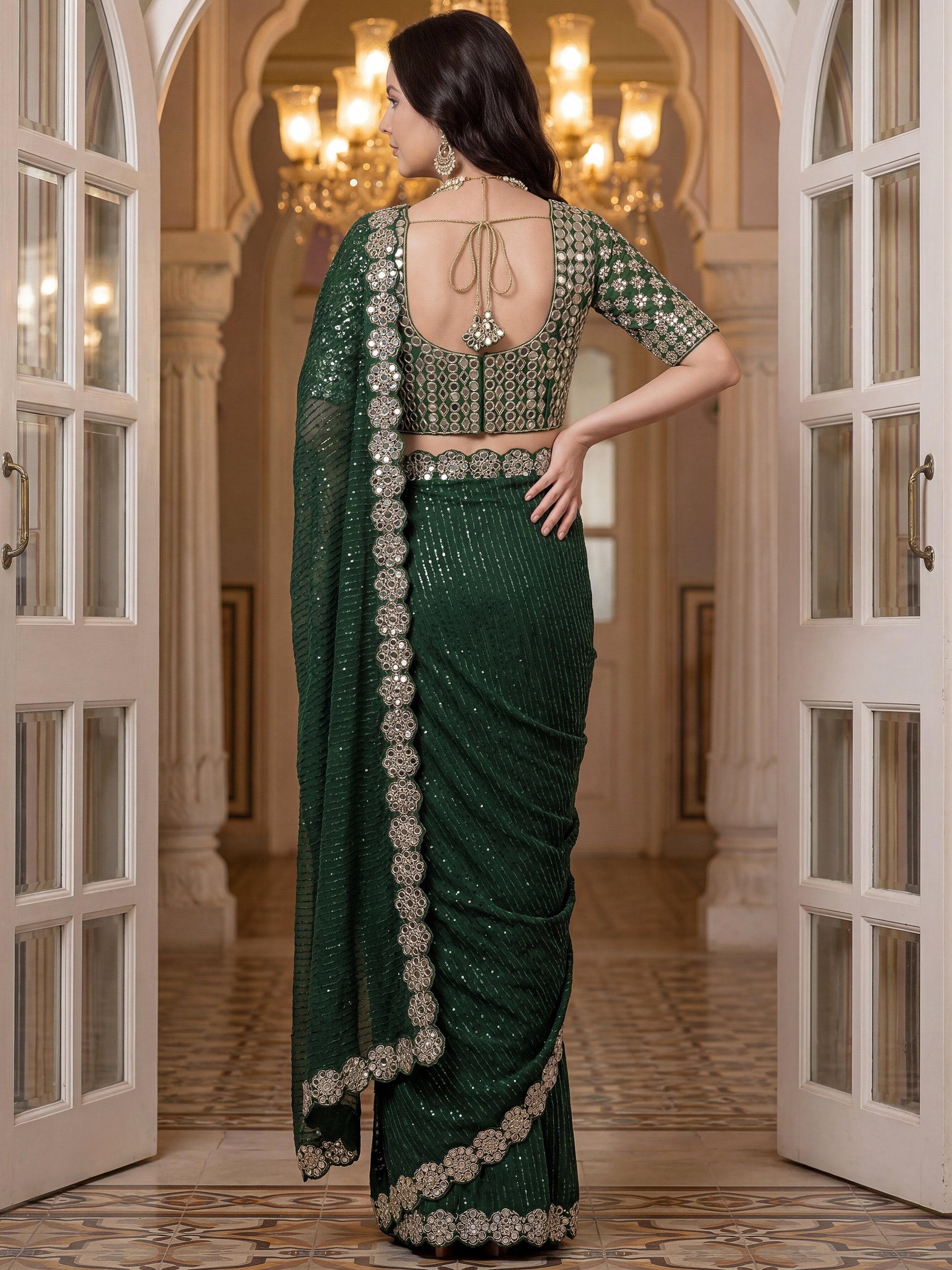Gorgeous Green Sequins Georgette Party Wear Saree With Blouse