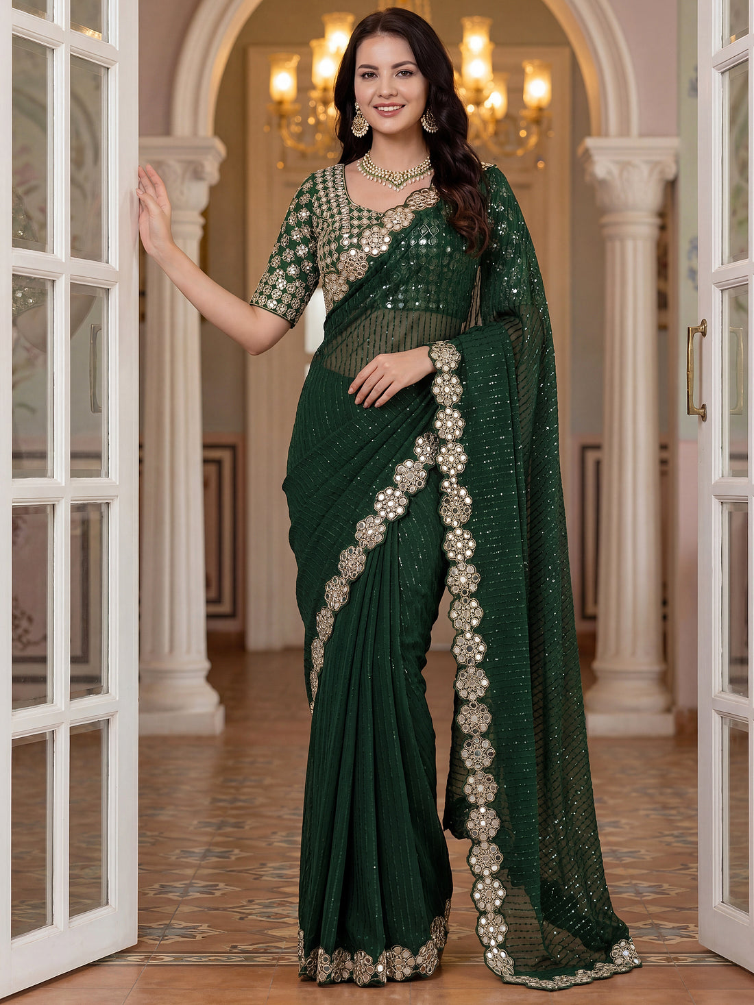 Gorgeous Green Sequins Georgette Party Wear Saree With Blouse