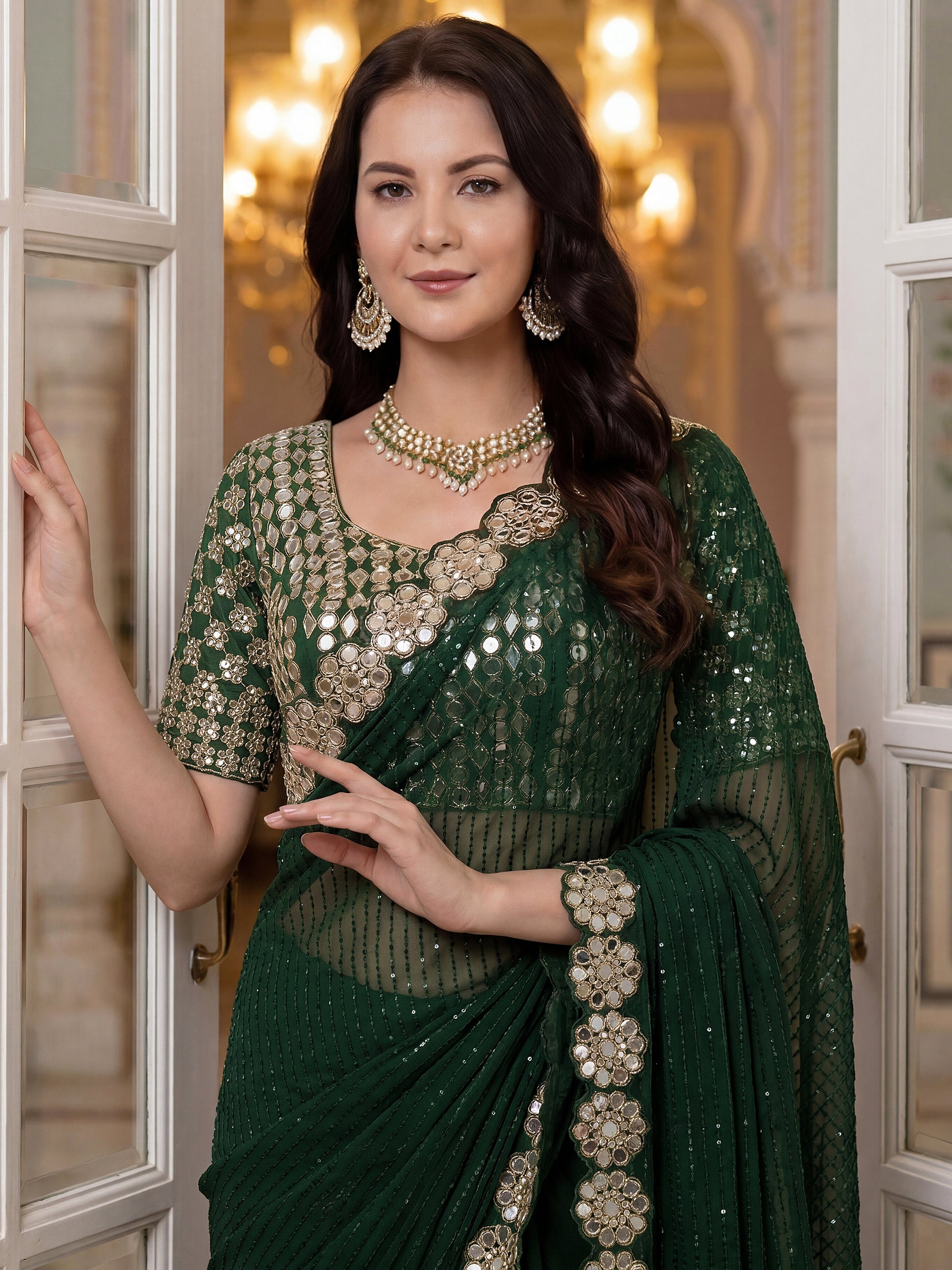 Gorgeous Green Sequins Georgette Party Wear Saree With Blouse