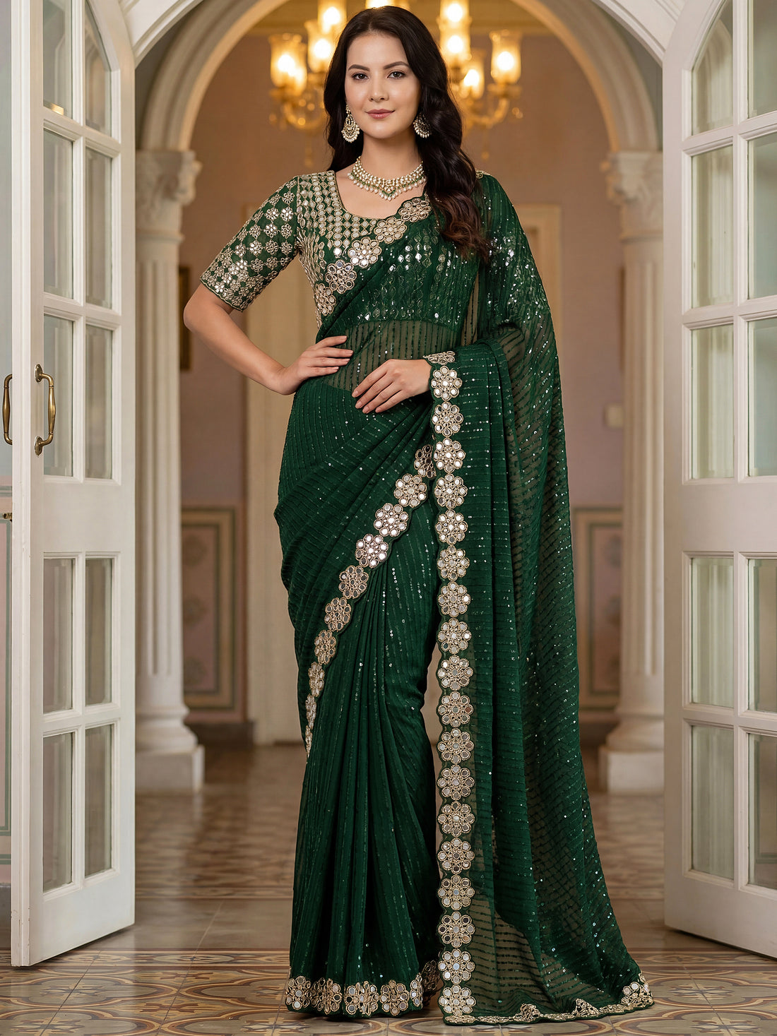 Gorgeous Green Sequins Georgette Party Wear Saree With Blouse