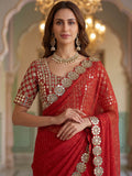 Elegant Red Sequins Georgette Wedding Wear Saree With Blouse