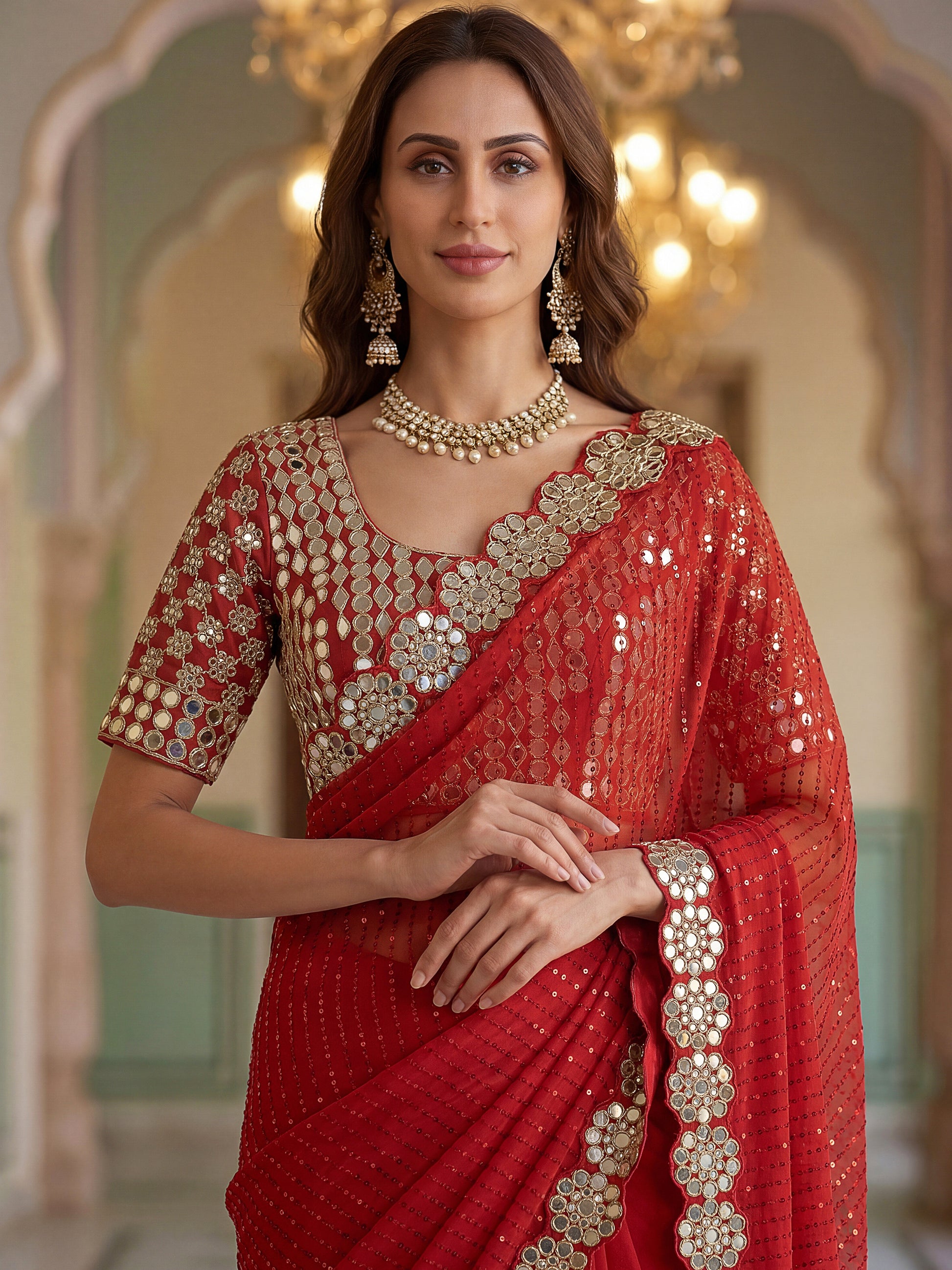 Elegant Red Sequins Georgette Wedding Wear Saree With Blouse
