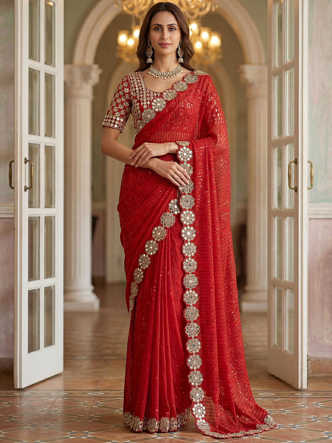 Elegant Red Sequins Georgette Wedding Wear Saree With Blouse