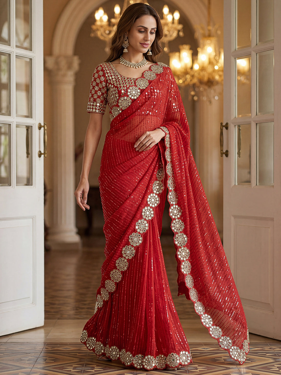 Elegant Red Sequins Georgette Wedding Wear Saree With Blouse