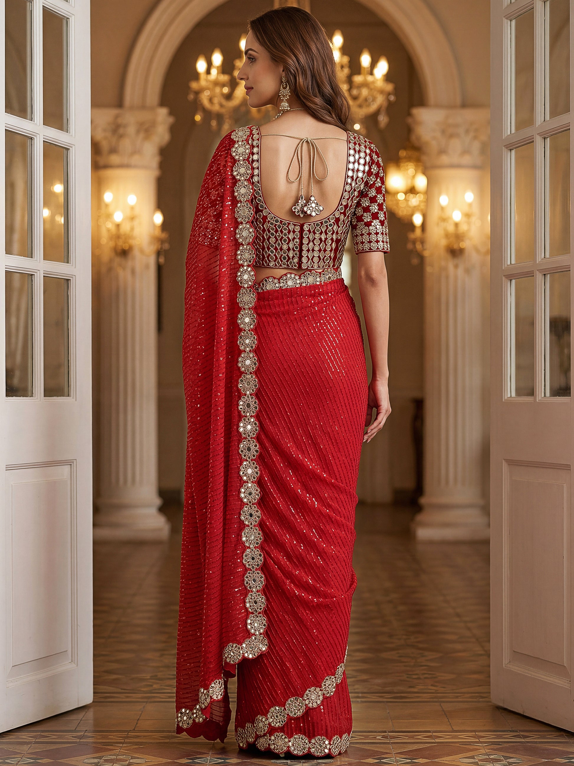 Elegant Red Sequins Georgette Wedding Wear Saree With Blouse