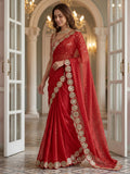 Elegant Red Sequins Georgette Wedding Wear Saree With Blouse