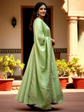 Pretty Pista Green Embroidered Silk Mehendi Wear Gown With Dupatta