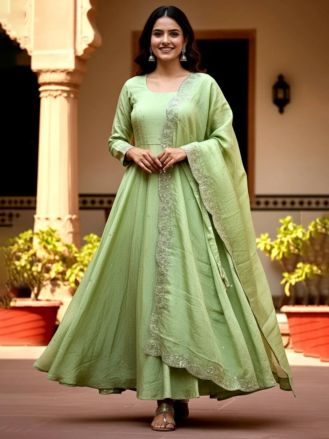 Pretty Pista Green Embroidered Silk Mehendi Wear Gown With Dupatta
