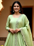 Pretty Pista Green Embroidered Silk Mehendi Wear Gown With Dupatta