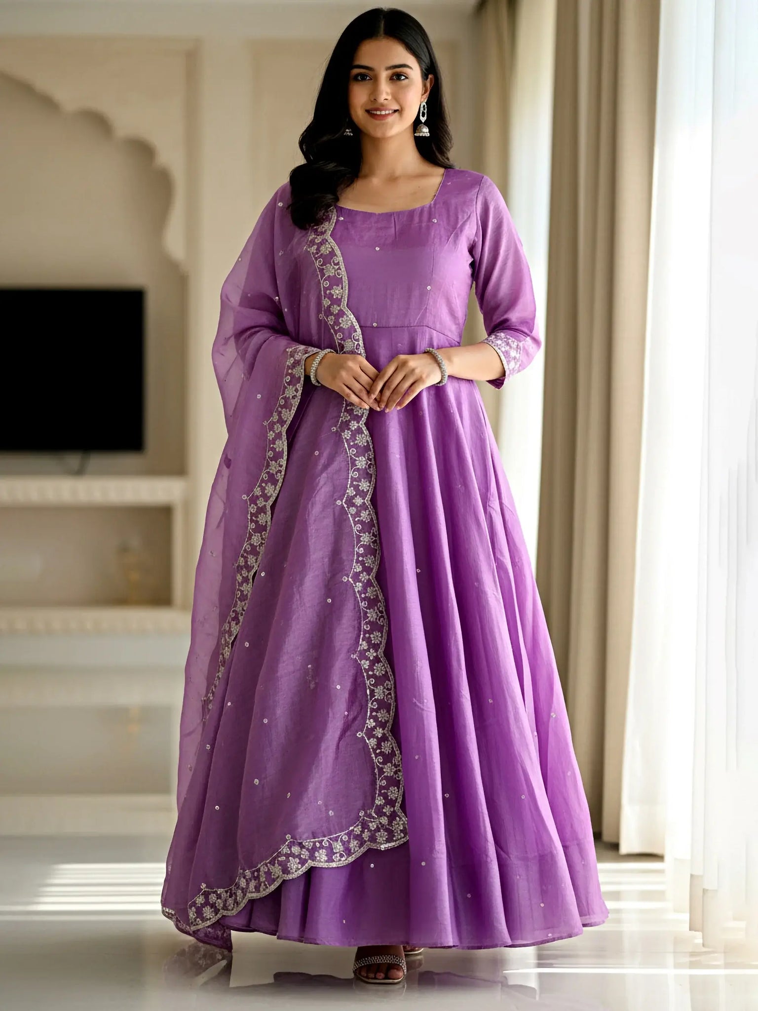 Delightful Lavender Zari Embroidered Silk Engagement Wear Gown With Dupatta