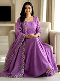 Delightful Lavender Zari Embroidered Silk Engagement Wear Gown With Dupatta