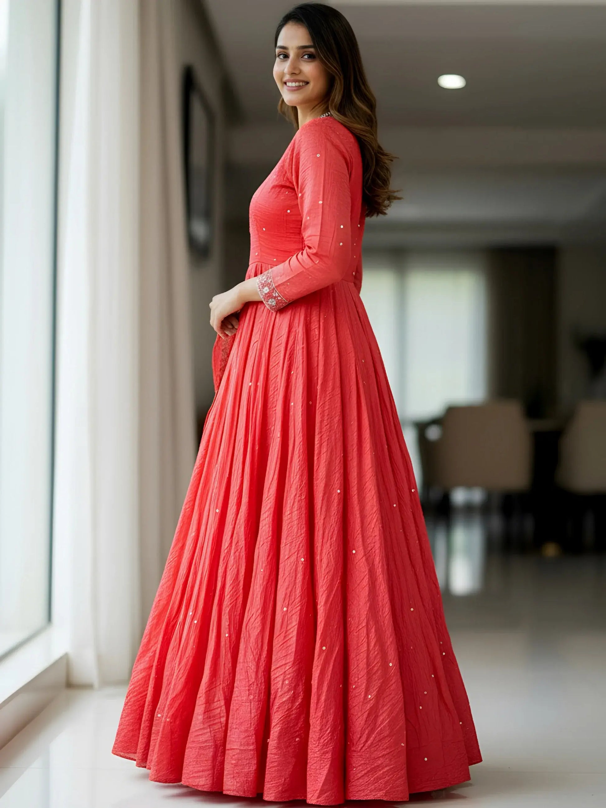 Excellent Coral Red Sequins Embroidered Silk Wedding Wear Gown With Dupatta