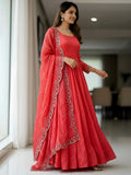 Excellent Coral Red Sequins Embroidered Silk Wedding Wear Gown With Dupatta