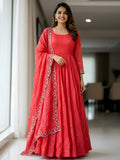 Excellent Coral Red Sequins Embroidered Silk Wedding Wear Gown With Dupatta