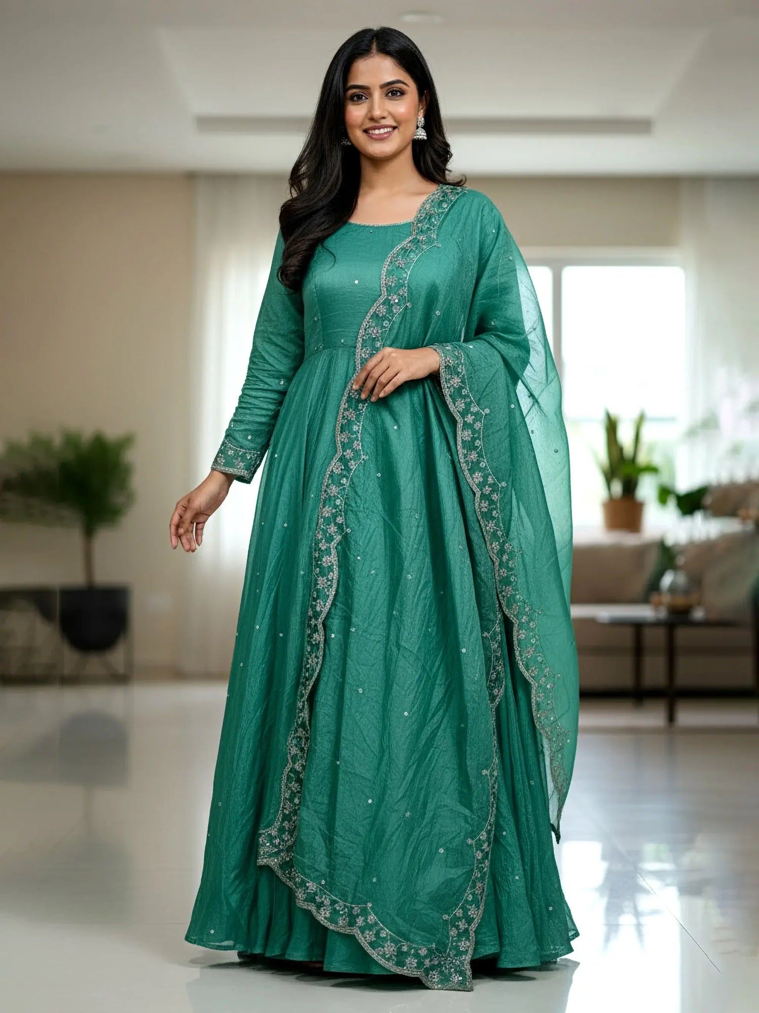 Lovable Teal Green Sequins Work Silk Traditional Gown With Dupatta