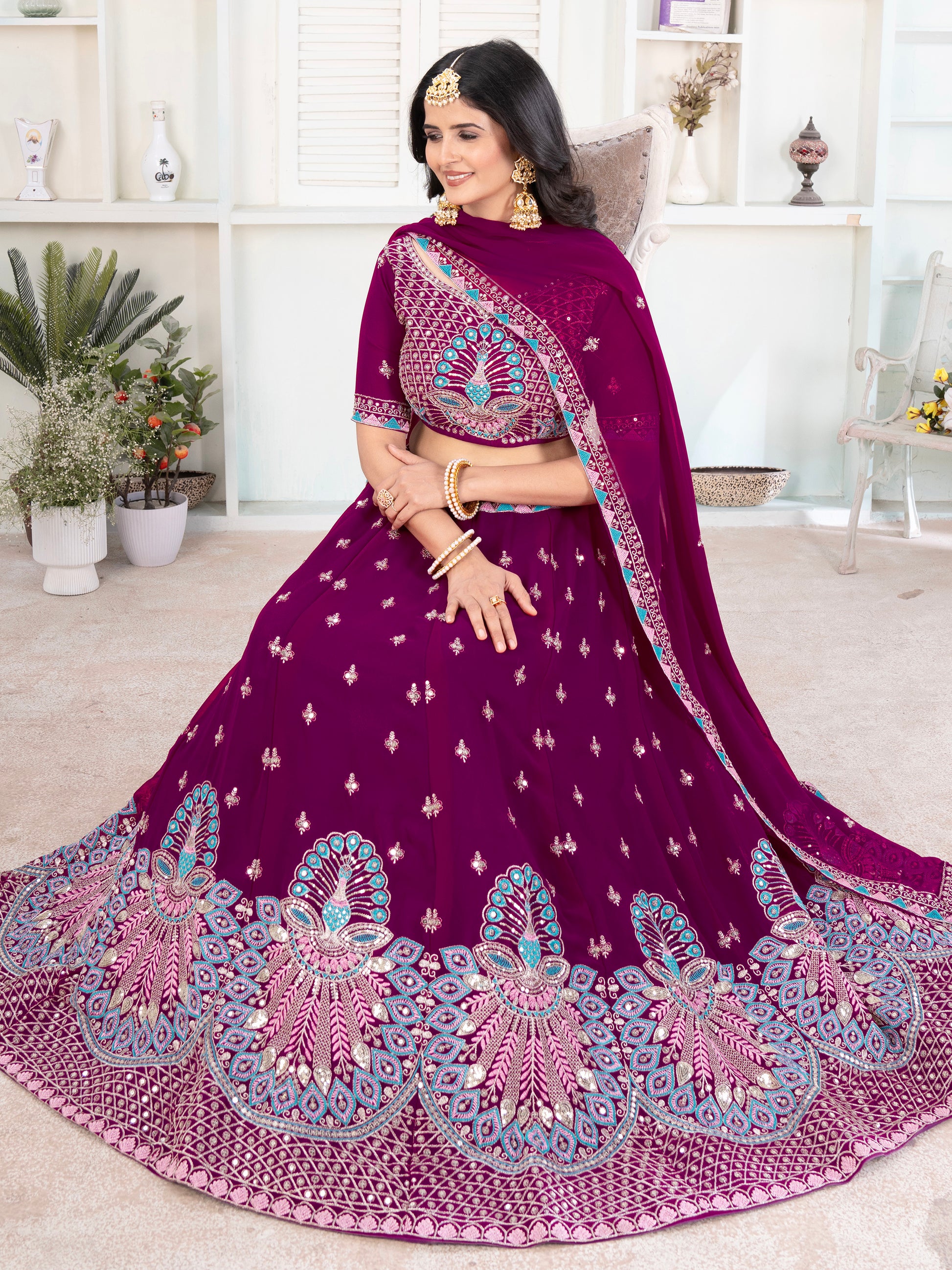 Sweet Purple Thread Work Georgette Bridesmaid Lehenga Choli