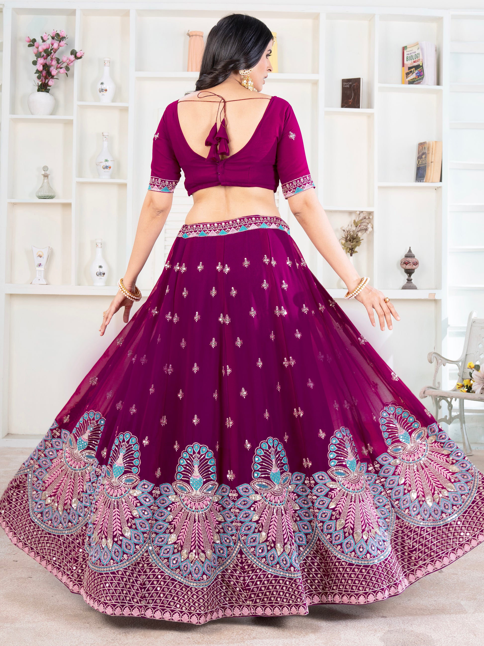Sweet Purple Thread Work Georgette Bridesmaid Lehenga Choli