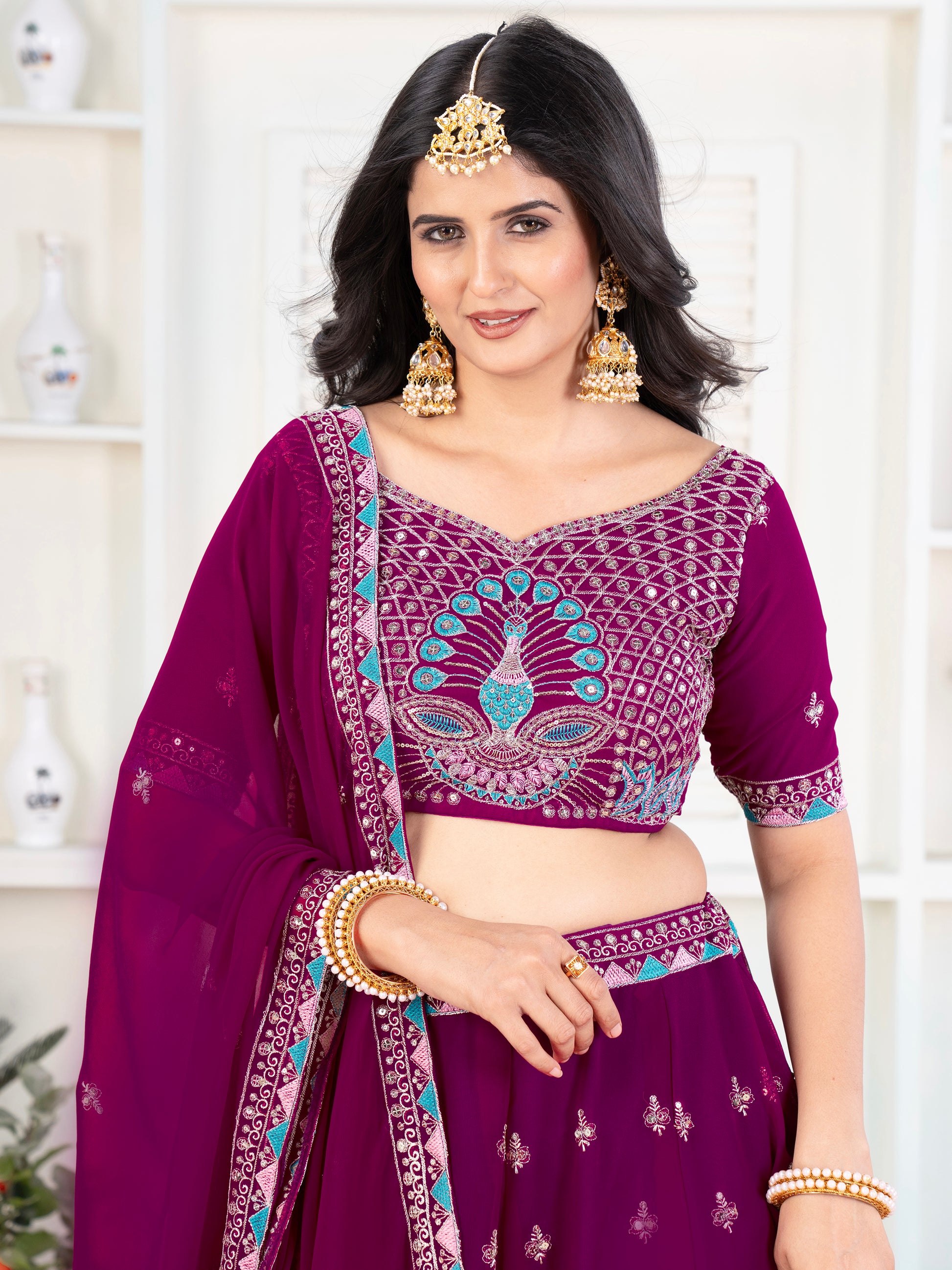 Sweet Purple Thread Work Georgette Bridesmaid Lehenga Choli