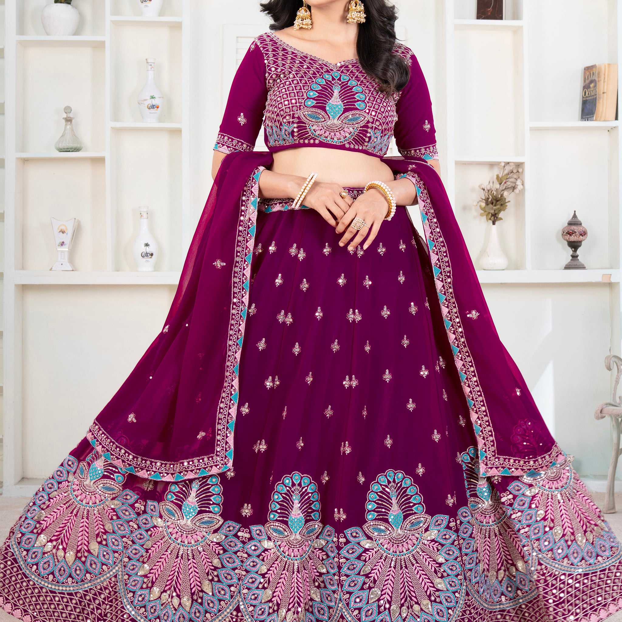 Sweet Purple Thread Work Georgette Bridesmaid Lehenga Choli