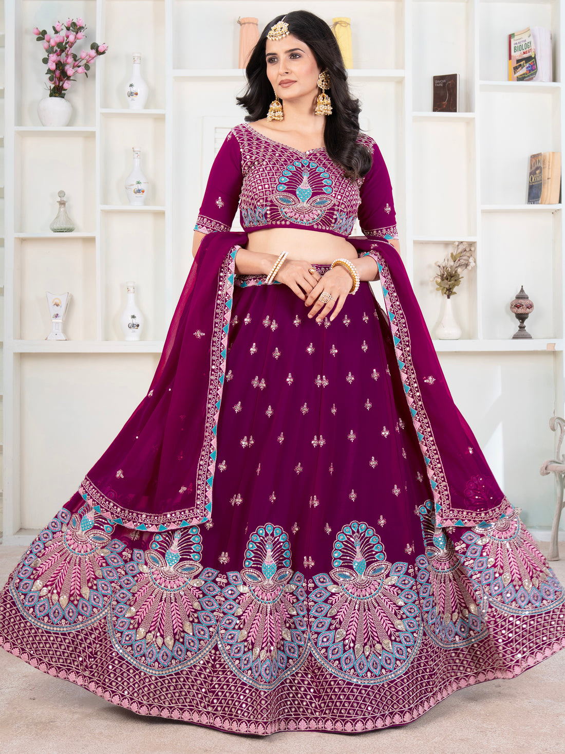 Sweet Purple Thread Work Georgette Bridesmaid Lehenga Choli