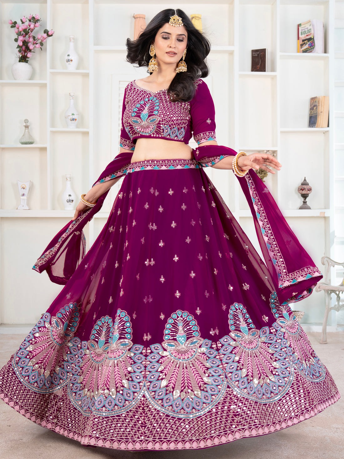 Sweet Purple Thread Work Georgette Bridesmaid Lehenga Choli