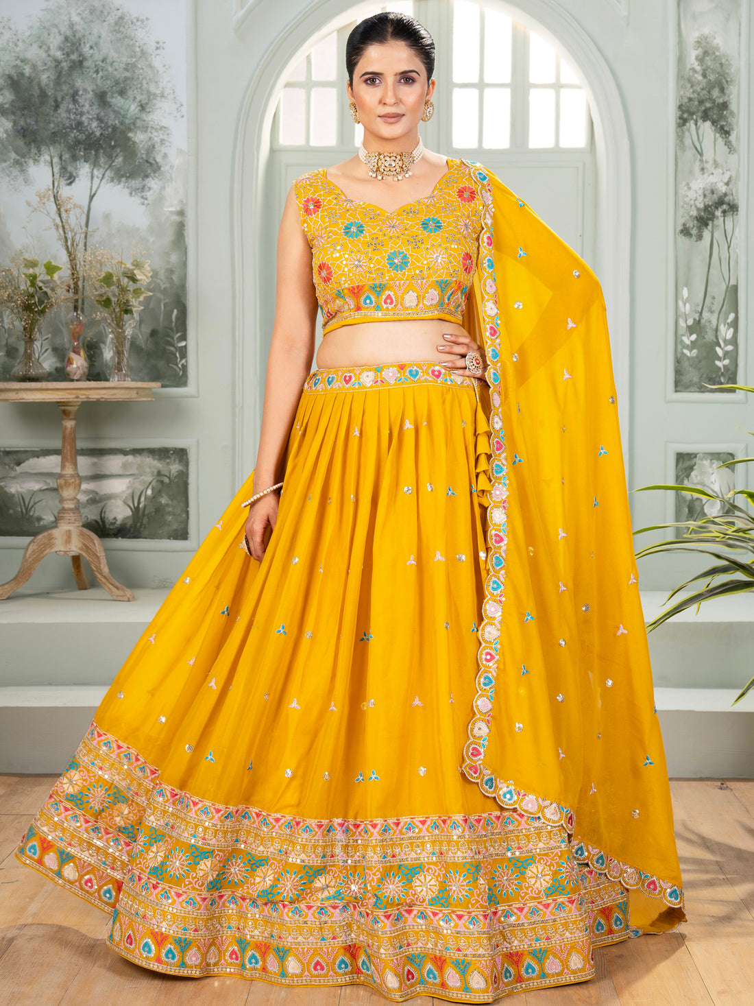 Superb Mustard Yellow Thread Embroidered Georgette Lehenga Choli