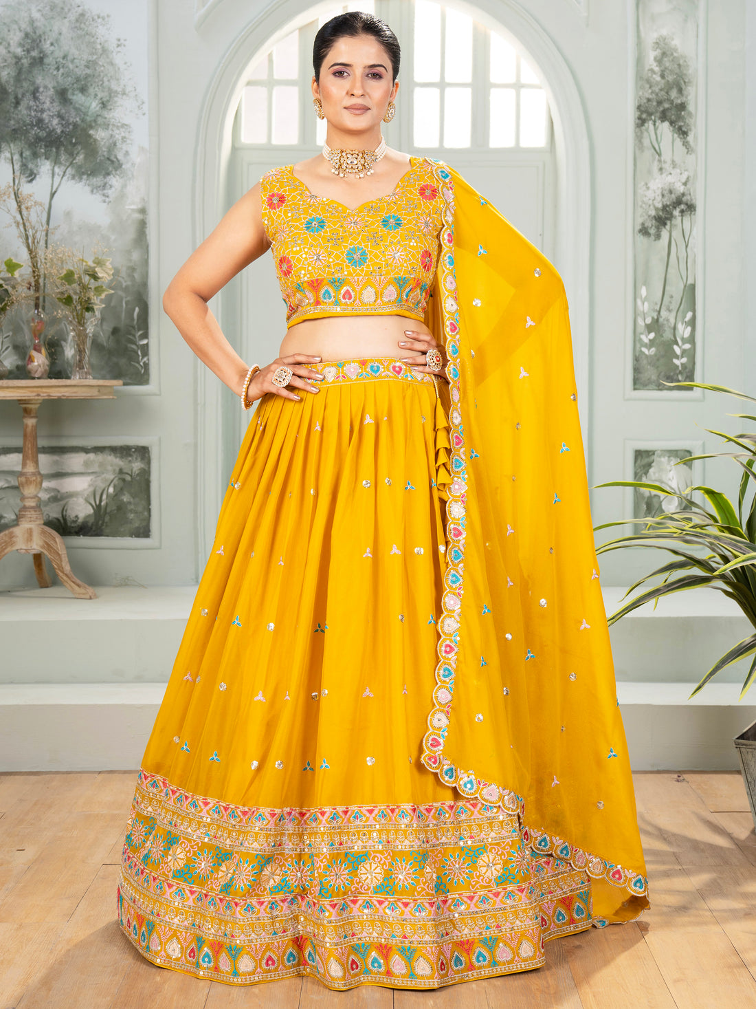 Superb Mustard Yellow Thread Embroidered Georgette Lehenga Choli