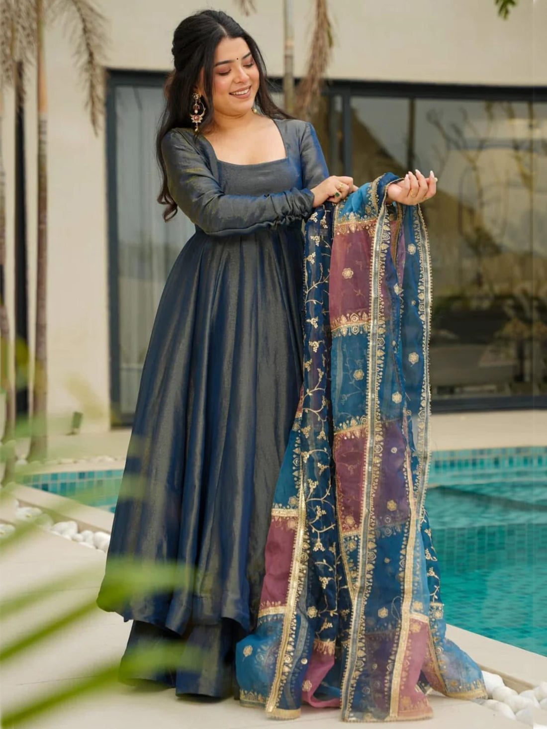 Incredible Teal Blue Silk Festival Wear Palazzo Suit With Dupatta