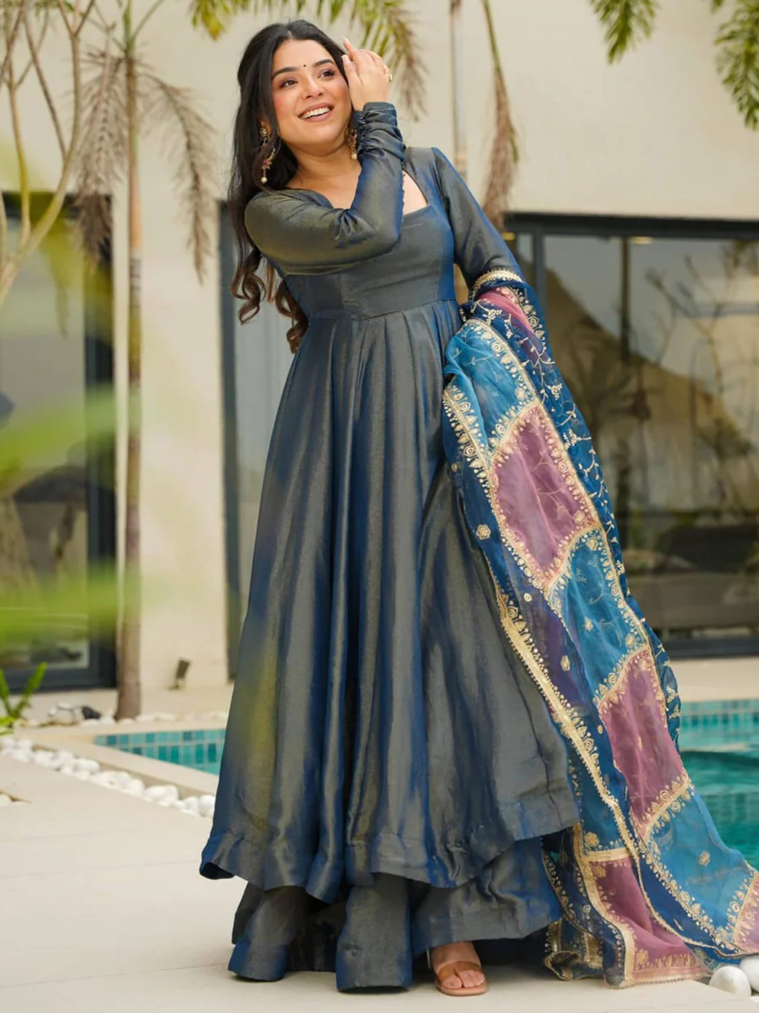 Incredible Teal Blue Silk Festival Wear Palazzo Suit With Dupatta