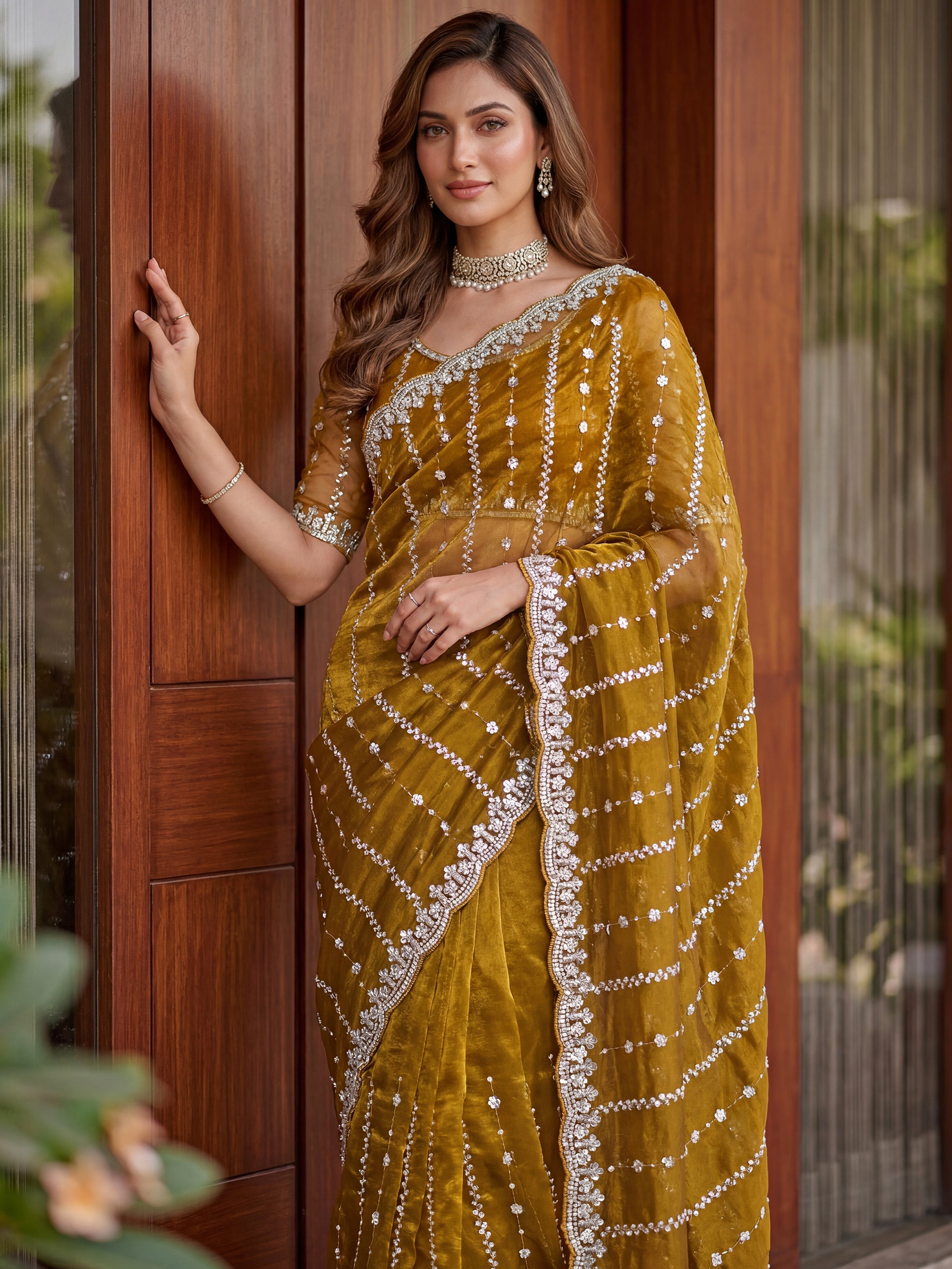 Graceful Yellow Sequins Satin Festival Wear Saree With Blouse