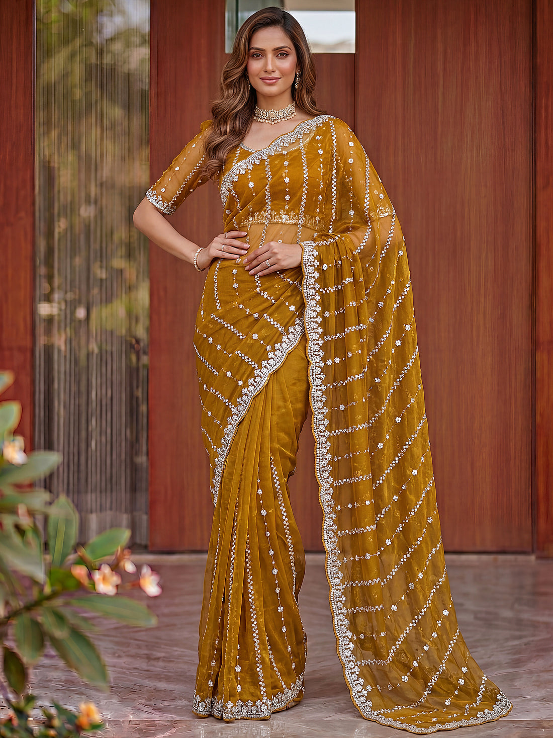 Graceful Yellow Sequins Satin Festival Wear Saree With Blouse