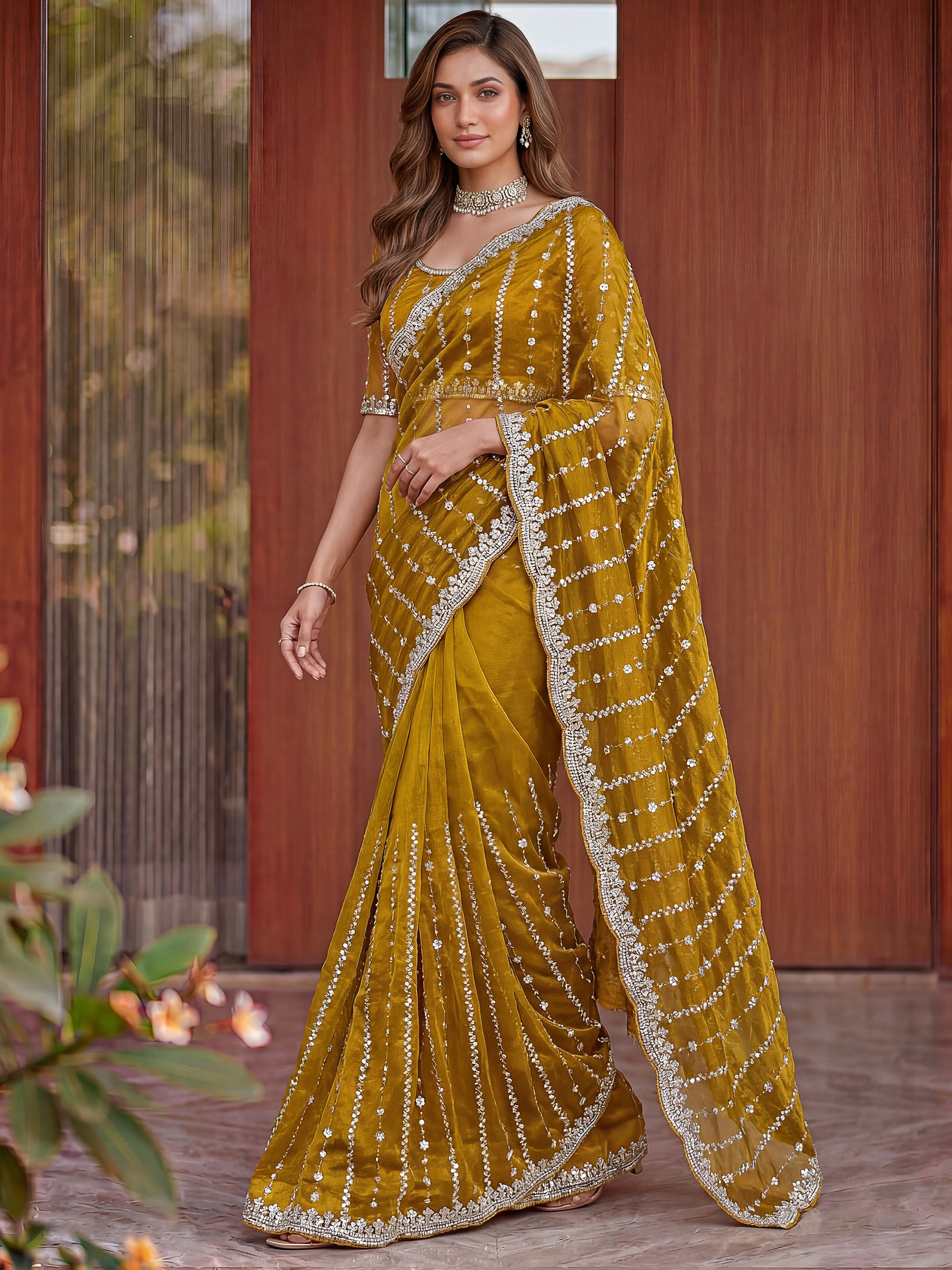 Graceful Yellow Sequins Satin Festival Wear Saree With Blouse