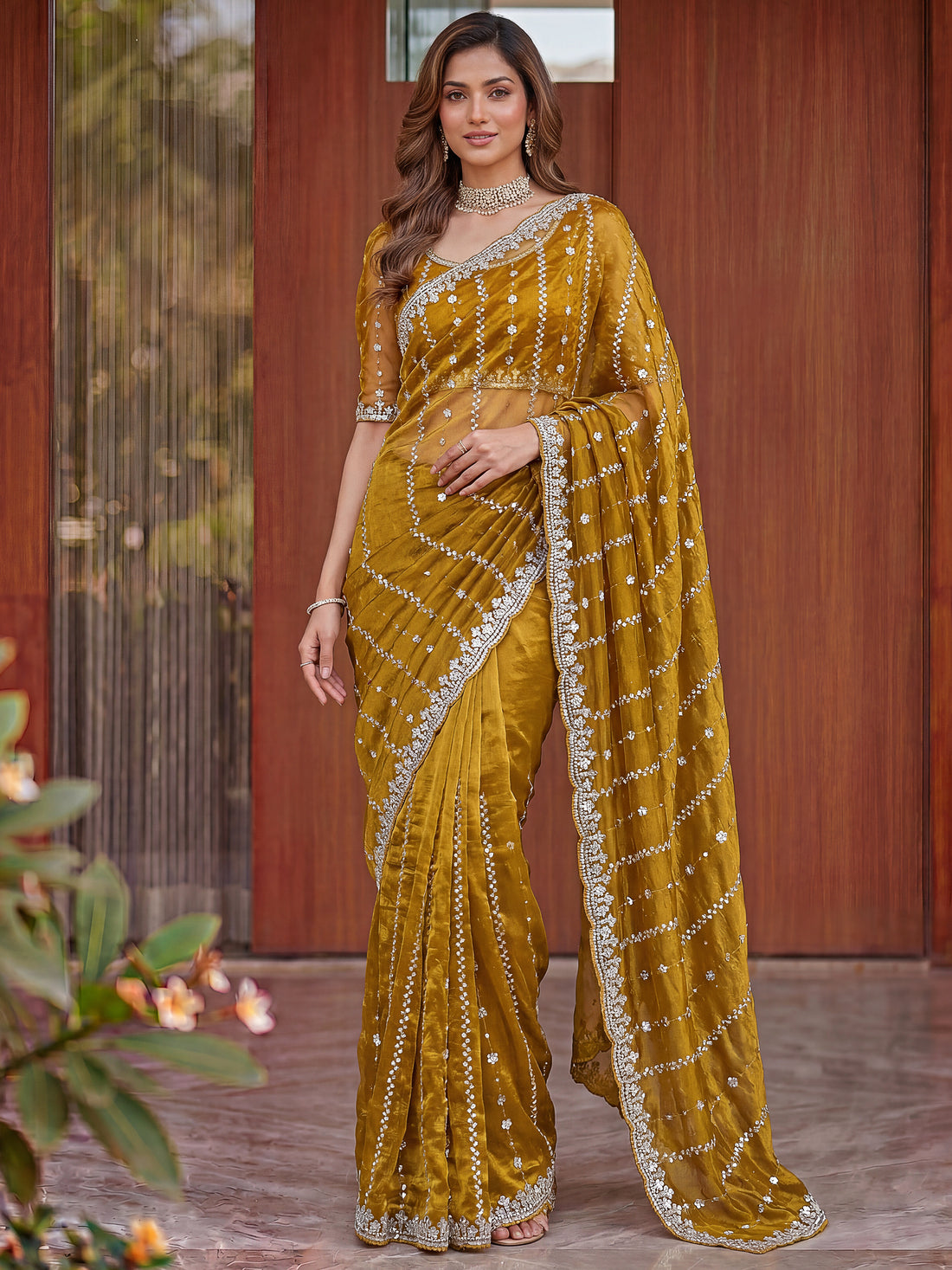 Graceful Yellow Sequins Satin Festival Wear Saree With Blouse