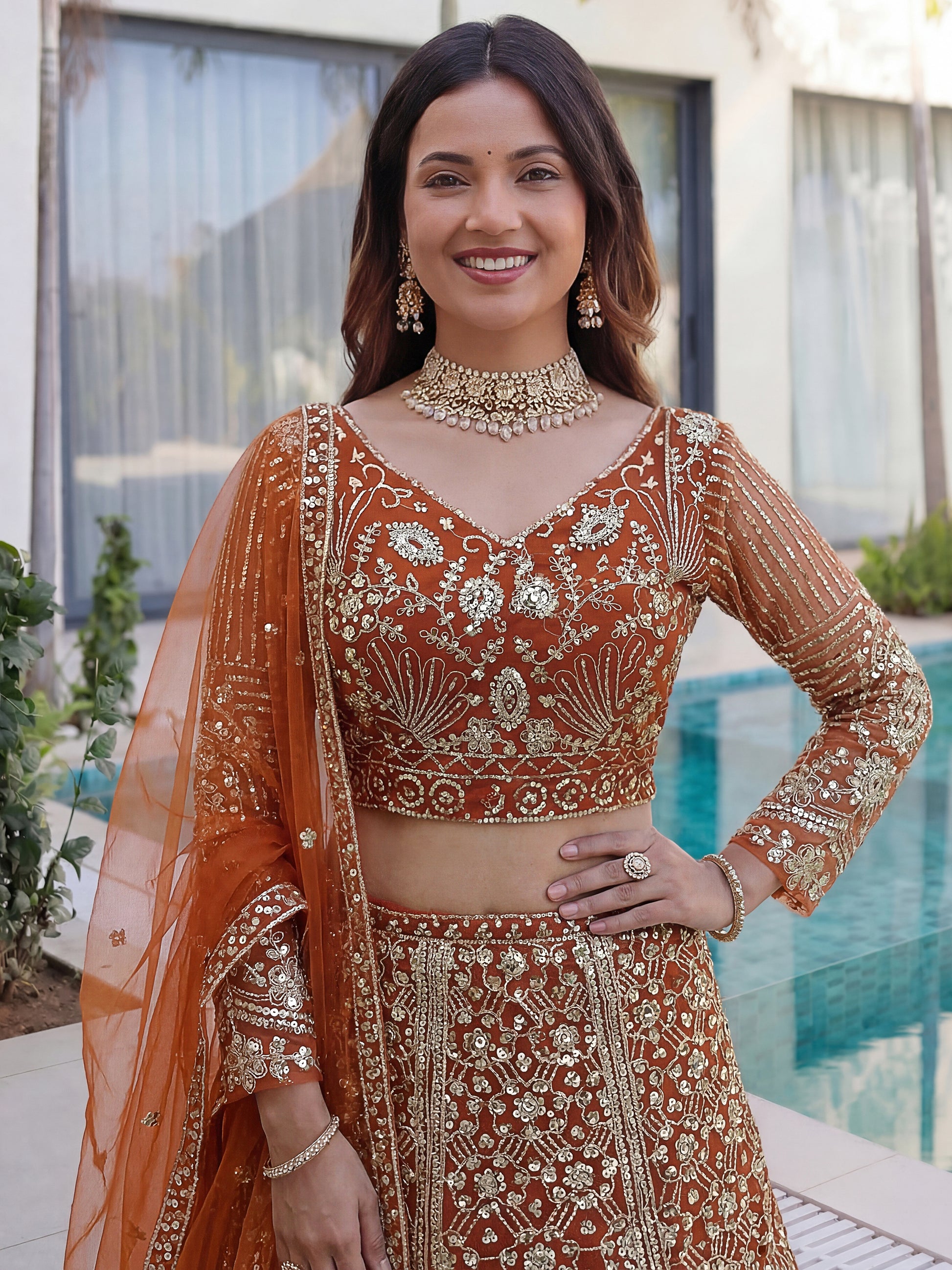 Elegant Orange Embroidered Net Wedding Lehenga Choli With Dupatta