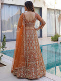 Elegant Orange Embroidered Net Wedding Lehenga Choli With Dupatta